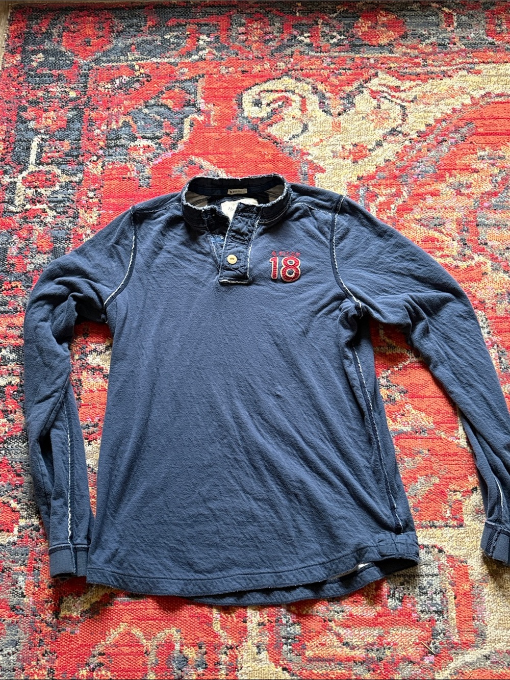 Abercrombie‎ & Fitch Navy Long-Sleeve Polo with Red "18" Patch